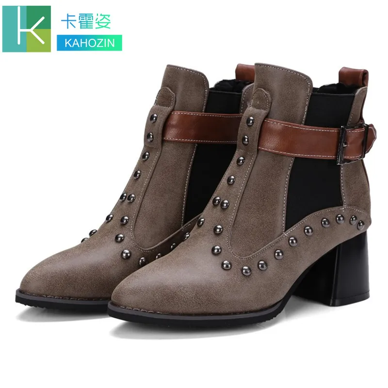 

fashion new ankle boots for women Chelsea bootsbelt buckle Rivet decoration brown black Slip-on Square heel Pointed toe size46