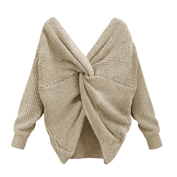 

Knotted Back V-Neck Twisted Back Sweater Women Jumpers Pullovers Casual Tops Long Full Sleeve Sweaters Women's Clothing