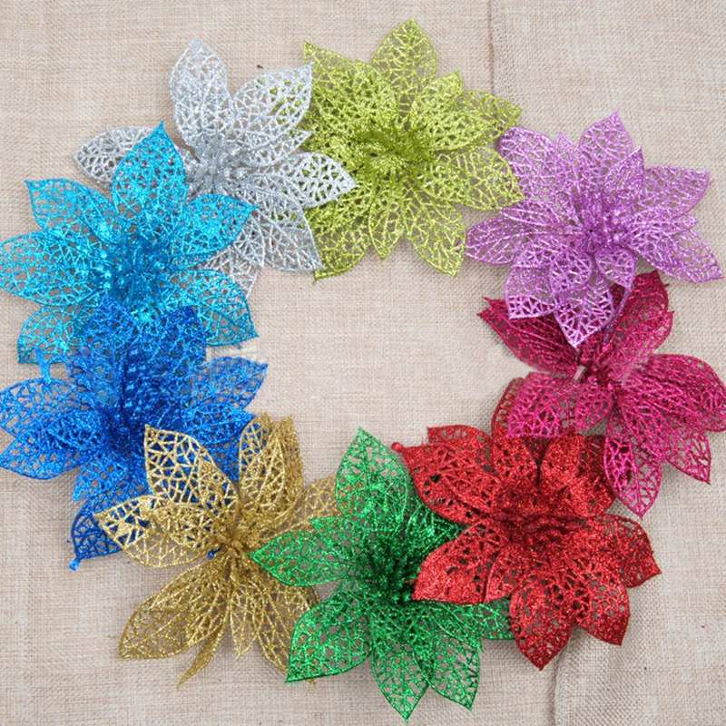 

Glitter Flowers for Christmas Tree Hollow Artificial Flower for Wedding Party Xmas Decoration Colorful Ornament