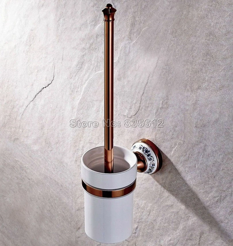 

Rose Gold Color Brass Wall Mounted Bathroom Ceramic Cup and Brass Toilet Brush Holder Wba387