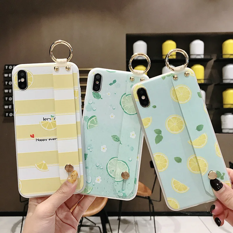 

Wrist Strap Soft TPU Phone Case for Samsung Galaxy S10 Lite S10e S8 S9 Plus Note 8 9 Cases Summer Lemon Fruits Ring Holder