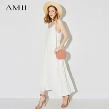 Amii 2018 Лето Для женщин отпуск плиссированные ремень шифоновое Спагетти ремень Макси платье