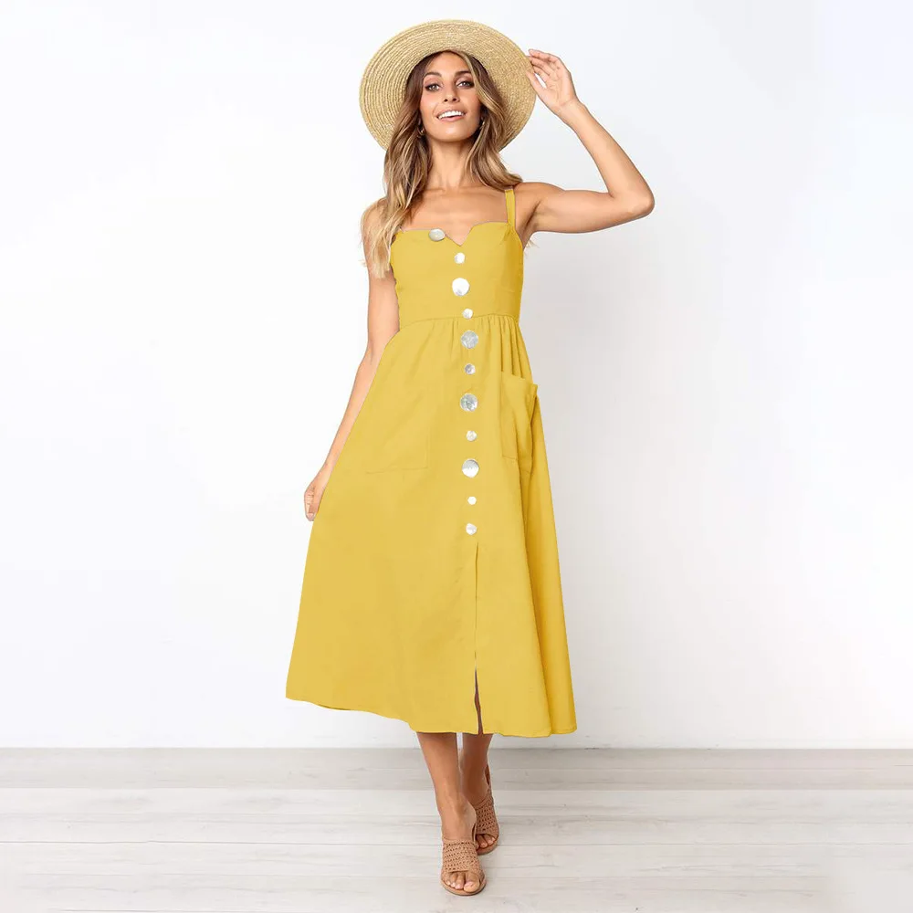 

Yellow Women Dress 2019 Summer Women's Clothing Hanging With Pocket Dress Summer Robe Long Cute Dress