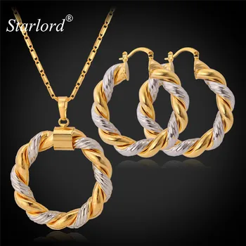 

Starlord Two Tone Gold Color Chain Round Jewelry Set Fashion Unique Hoop Earrings Pendant Necklace Set For Women Gift PE683