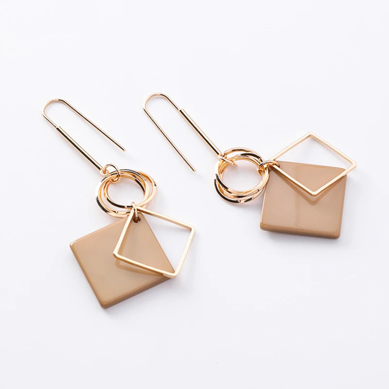 

2019 New Fashion OL Metallic Square Loop Geometric Gold Dangle Earrings For Women White Brown Drop Earrings Korean Jewelry Gifts