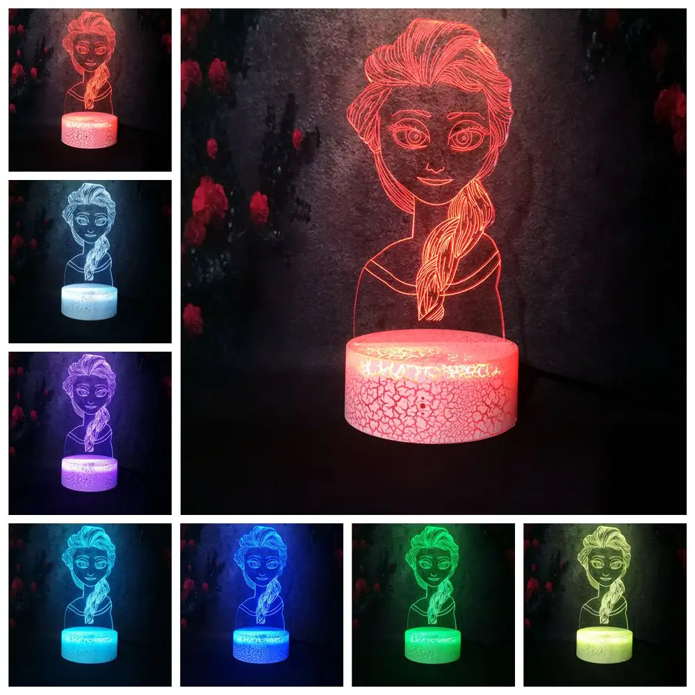 3D LED Crack Night Light Cute Girl Gift Elsa Lava Lamp Snow Queen Figure Lampara Touch Change Bedroom Christmas NewYear Gift DIY