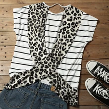 Fashion Open Back T-shirt women Stripe Leopard print tshirt women tops tee shirt femme plus size camiseta mujer harajuku Top Fashion Open Back T-shirt women Stripe Leopard print tshirt women tops tee shirt femme plus size camiseta mujer harajuku Top