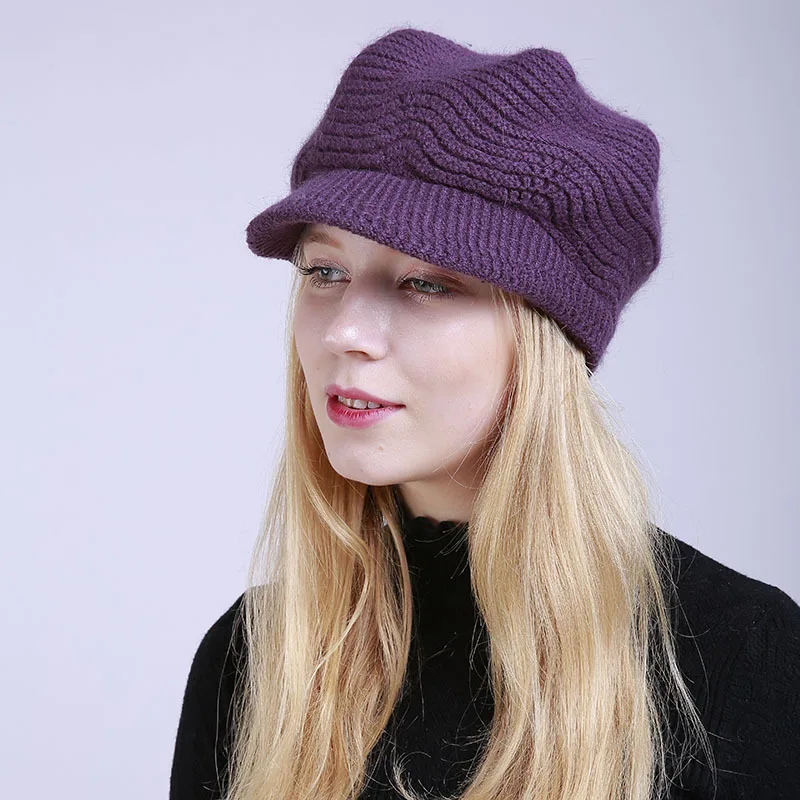 GOPLUS, весенне-зимние вязаные козырьки для женщин, модная брендовая шапка из флока, Повседневные шапки для девочек, Плотные хлопковые теплые шапки для женщин - Цвет: Фиолетовый