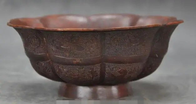 

S3497 5" old china chinese pure purple bronze d beast lotus flower statue bowl cup
