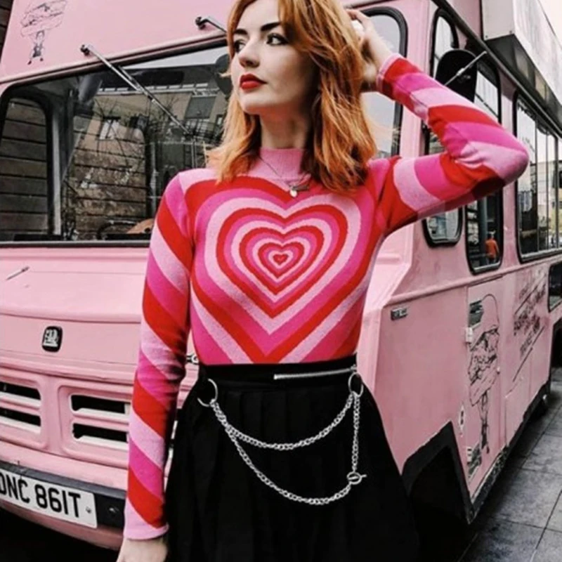 Pink Heart Sweater Pullover Women Brand 
