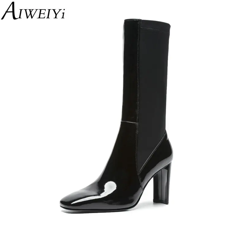 

AIWEIYi Mid Calf Boot for Women Square toe Slip On Thick Heel High Heels Half Knee Boots Black Booties Shoes Woman