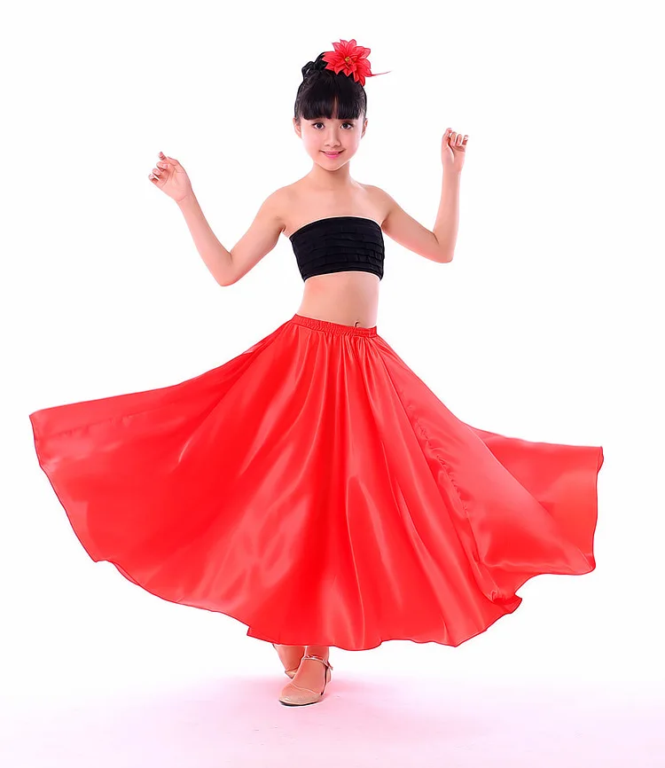 

Baby Girls Dance Costumes Spanish Flamenco Skirt Satin Solid Red Stage Wear Performance Dress Plus Size Swing Ballroom Skirt