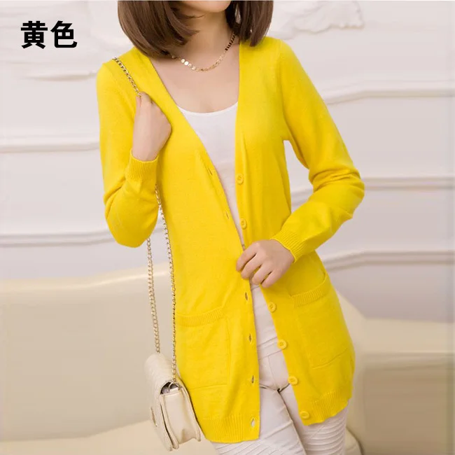 Новая мода весна осень кашемировый смешанный кардиган женский длинный рукав вязаный свободный жакет длинное пальто кардиган свитер - Цвет: Цвет: желтый