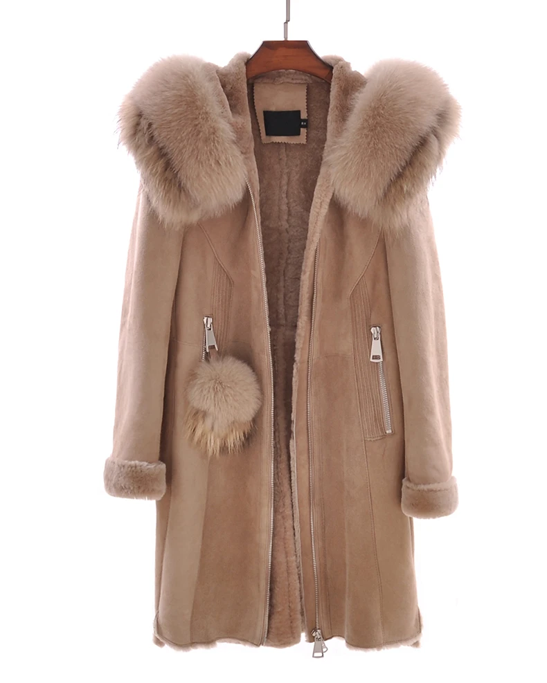 New Arrival Real Sheepskin Lady Coat With Fox Fur Collar With Long Sleeve Zipper Elegent Style Thick Warm Fur