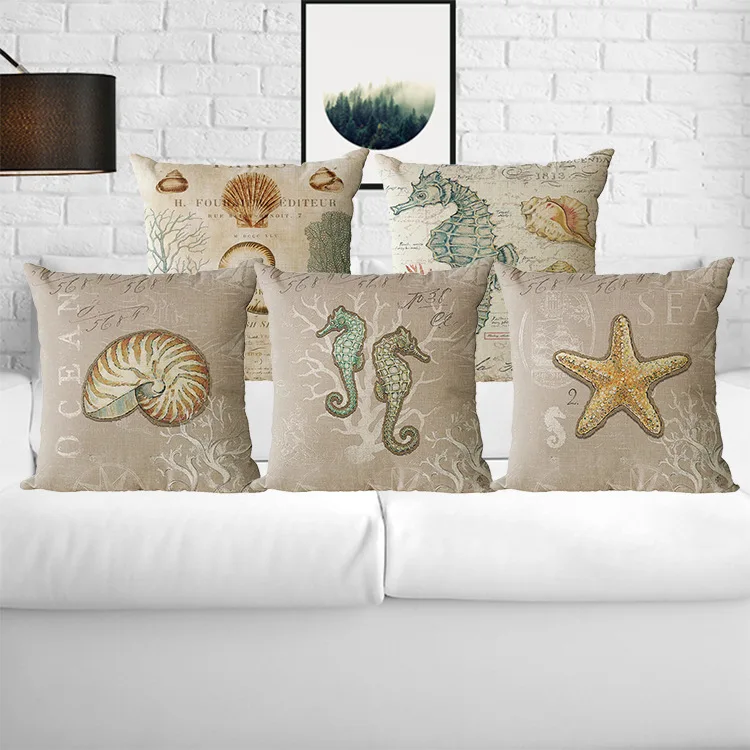 

Mediterranean Style Cushion Cover Blue Sea Plants Throw Pillow Case Decorative Beach Hippocampu And shell