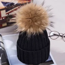 Adofeeno модные Мех животных помпоном зимняя Шапки для Для женщин трикотажные шапочки Кепки девушка шерстяная шапка Фирменная Новинка Pom Hat