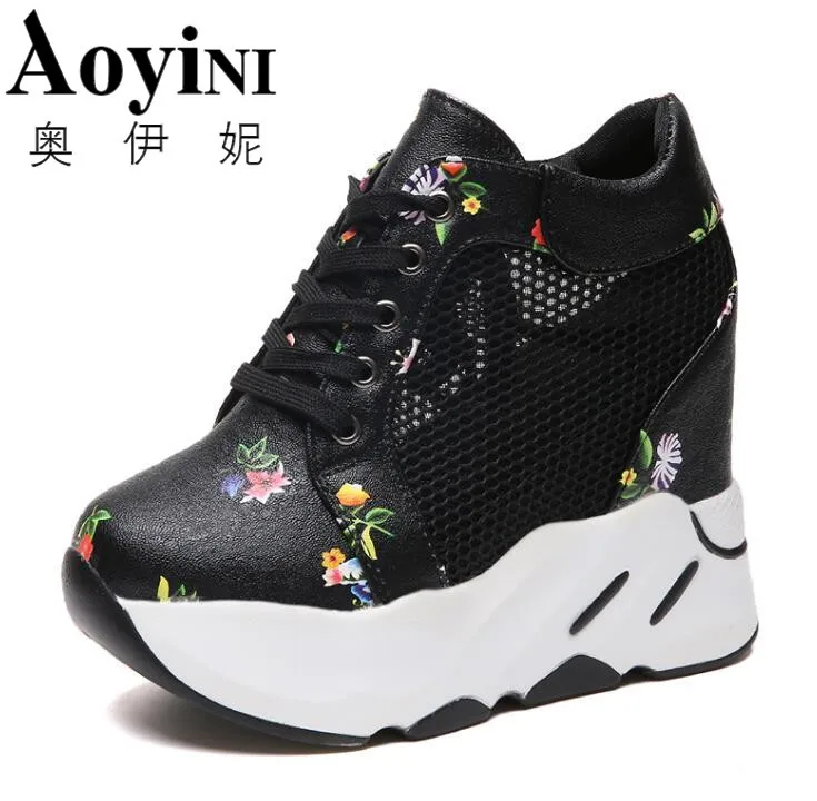 

2018 Women Casual Platform Shoes Print Flower High Heels Shoes Woman Wedges Women Shoes trainers Loafers Heigh Increasing white