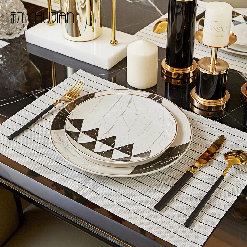 

Marble pattern Porcelain Tableware Snacks Desserts Salad Fruit Ceramic Plate Serving Tray Dish Dinnerware Mug Cup And Saucer Set