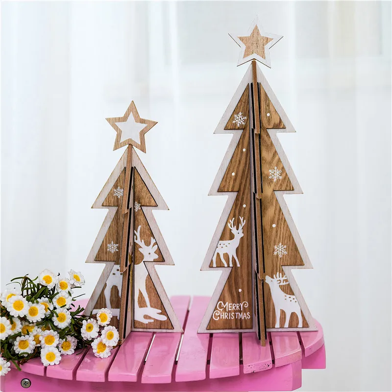 

wooden DIY Stereo Felt christmas trees star insert thermoprint golden elk white snowflake Children Gifts Decorations Ourwarm