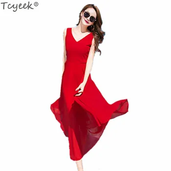 

Tcyeek Women's Beach Dresses Female Summer V-Neck Sexy Long Dress Plus Size Office Ladies Travel Clothes Girls Clothing LWL170
