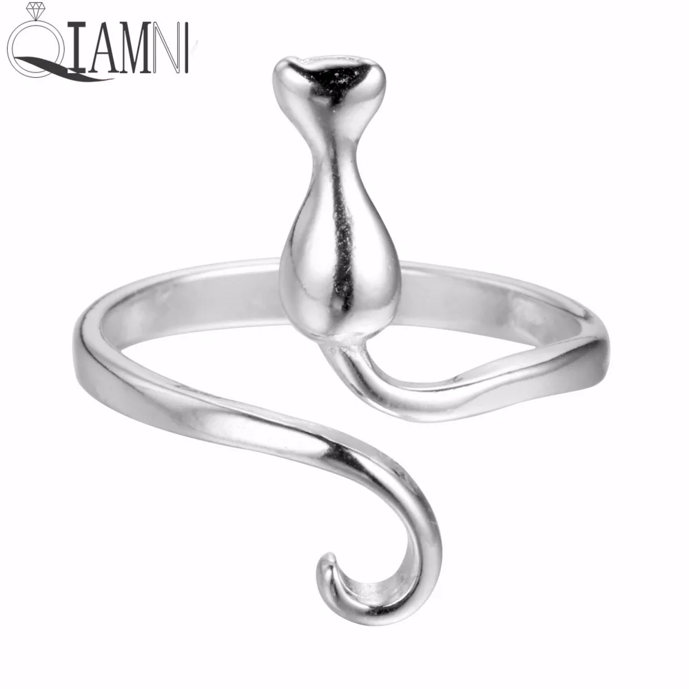 QIAMNI Lovely Cat Animal Long Tail Open Ring for Women Girl Party Christmas Jewelry font b