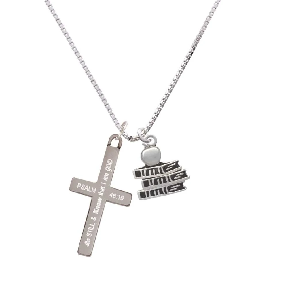 Antiqued School Books with an Apple - Be Still and Know - Cross Necklace