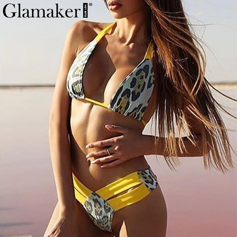 Glamaker مثير الأصفر اثنين قطعة دعوى البرازيلي ارتداءها المرأة 2019 ليوبارد طباعة ارتداءها الإناث الرسن عالية قطع الصيف ارتداءها