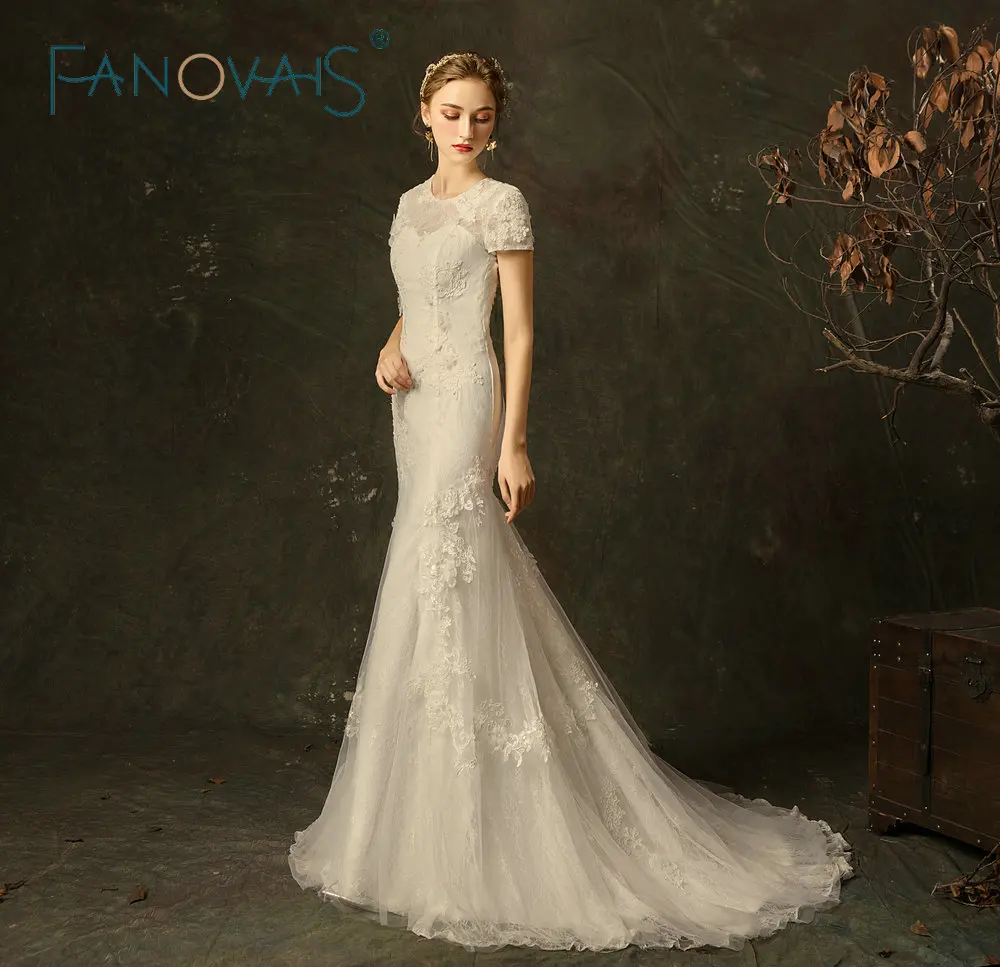 

Vintage Wedding Dress 2019 Short Sleeves Vestido De Noiva Mermaid Kaftan Wedding Dress Bridal Gown Chapel Train Lace robe mariee