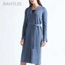 BAHTLEE весна женское платье шерсть пуловер с вырезом в виде буквы V, свитер с длинными рукавами, элегантные стильные уникальные цельнокроеный пояс