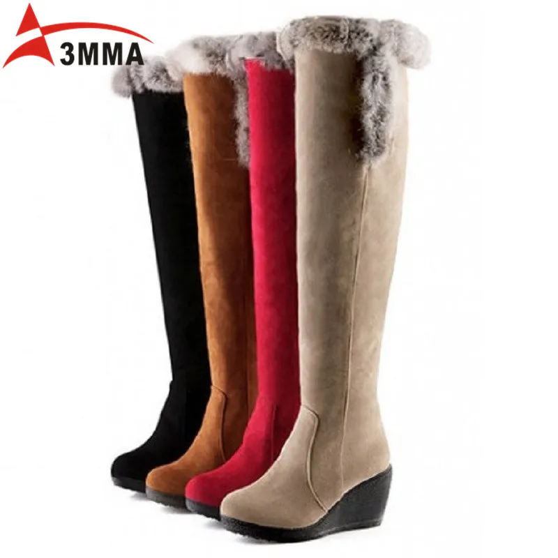 3MMA 2016 Handmade Women Fashion Solid Cotton Fur Over The Knee Boots Flock Leather Wedges Round Toe Long Warm Boots Ladies