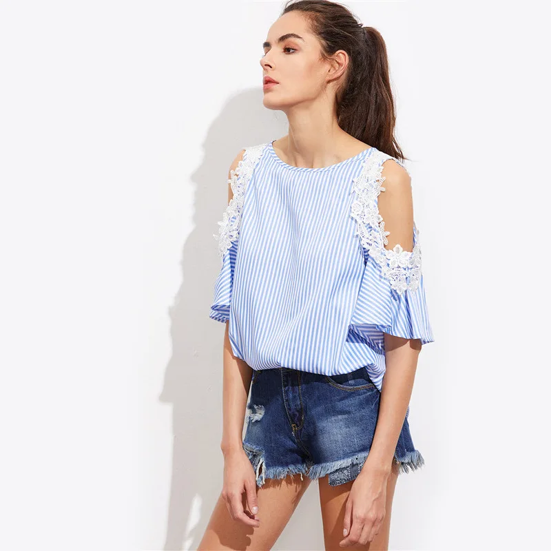 SIJANE Blue and White Stripes Shirt Oversize Casual T-shirt Trumpet Sleeves Plus Size Tops 0481 Tops