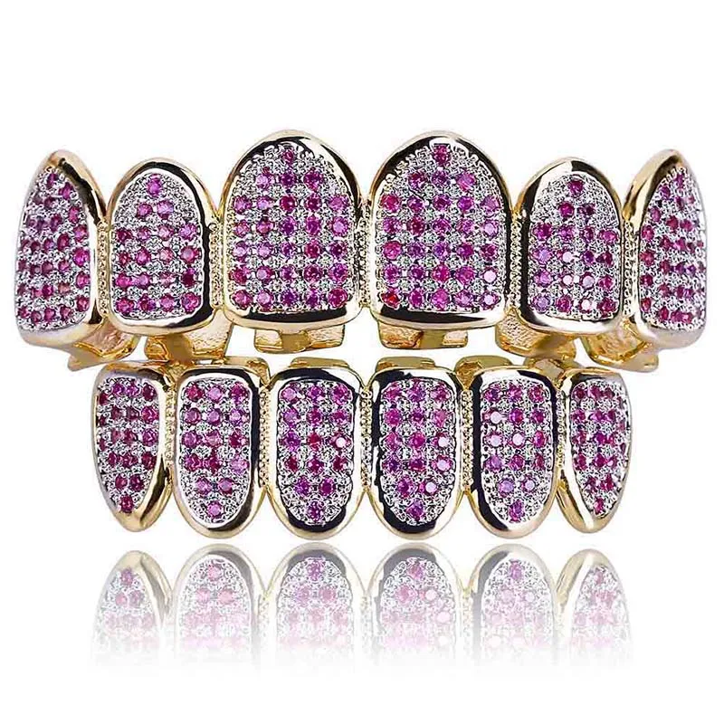 

Hip Hop Teeth Grillz for Unisex Iced Out AAA Rose Gold Color Zircon Fang Mouth Teeth Caps Top & Bottom Tooth Set Grills Jewelry