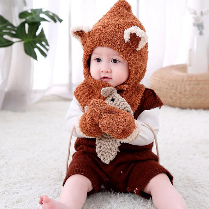 6 months to 3 Years old cartoon fox beanies hats sets wool kids soft winter 3 pcs baby boys girl scarf hat glove set