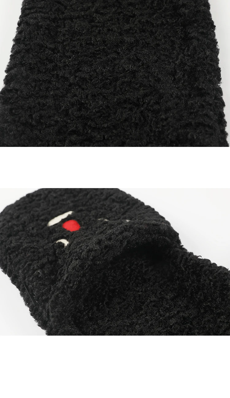 Корейский зимний толстый теплый черный шарф из овечьей шерсти для девочек, Женский плюшевый шарф с воротником в консервативном стиле, длинные шарфы с мультяшной вышивкой