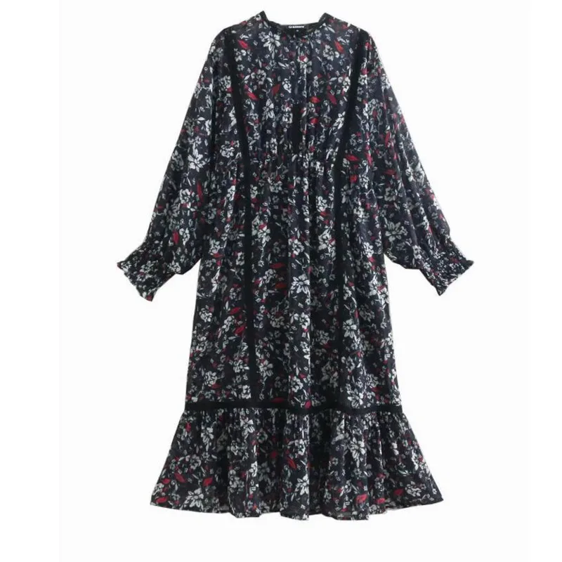 ROHOPO осеннее женское шикарное платье миди с принтом, перекрестная полоска, рукав-фонарик, кружевная горловина, прямое платье с оборками, Vestido# UK9056