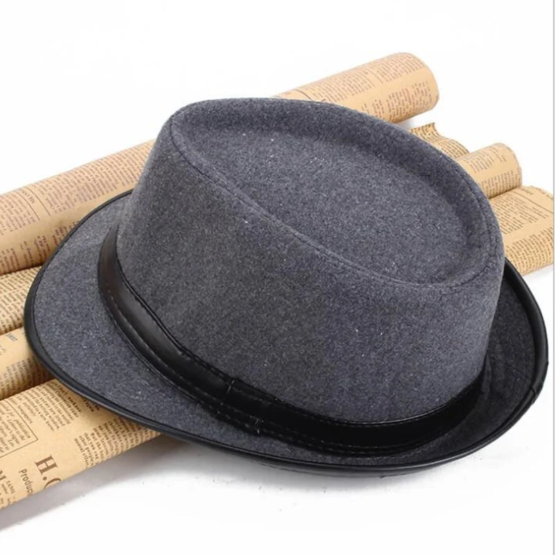 Женская и Мужская шерстяная фетровая шляпа с кожаная лента джентльмен теплый зимний широкий джазования с полями церковная Панама Шляпы сомбреро - Цвет: grey1