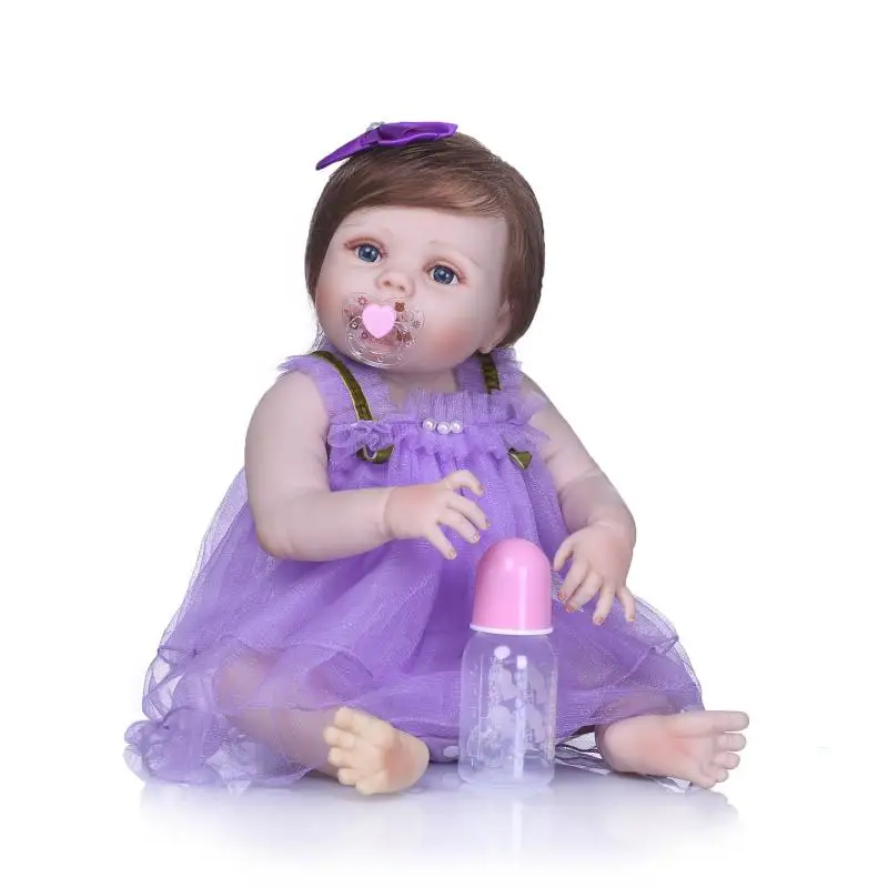 

NPKcollection 57cm new lovely full silicone simulation newborn baby girl with Purple summer skirt silicone reborn baby dolls