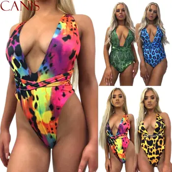 One Piece Swimsuit Women Swimwear Snake Pattern Leopard Print Swimsuit One Piece Bathing Suit Ladies Bikini Beachwear Monokini strappy palm leaf print one piece swimsuit