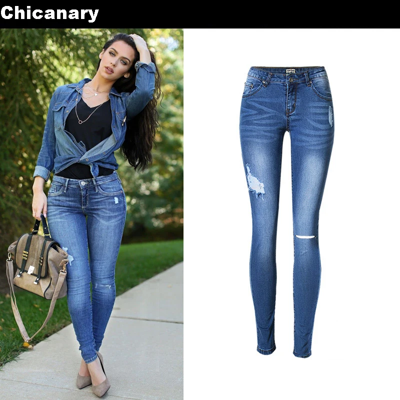 2016 Autumn Women s Low Waist Denim Pencil Pants Ripped Hole Jeans Elasticity Skinny Trousers jeans