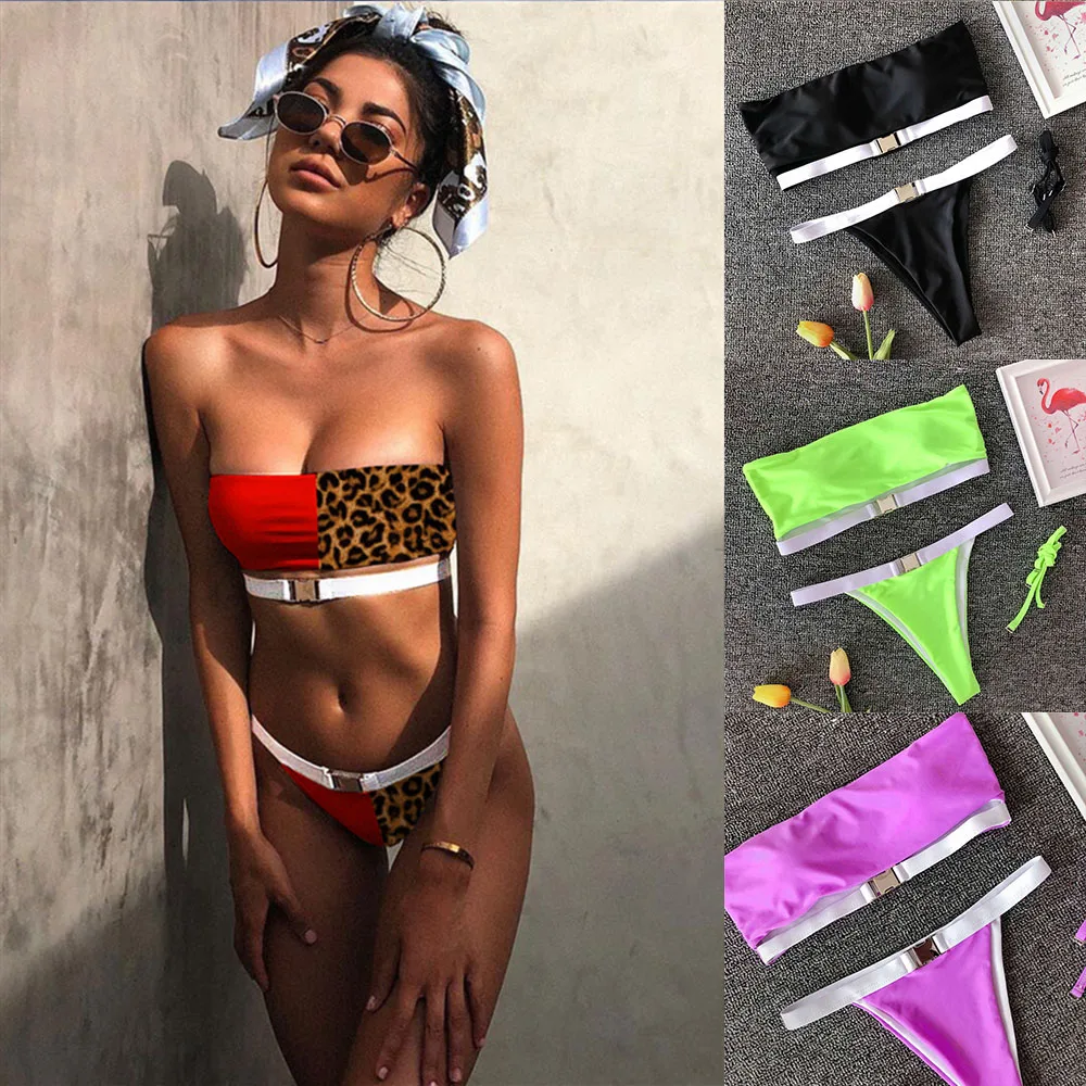 

Leopard Bandeau 2019 bikini set off shoulder Swimwear female belted buckle swimsuits Thong Bikinis Women Bathing Suit biquini