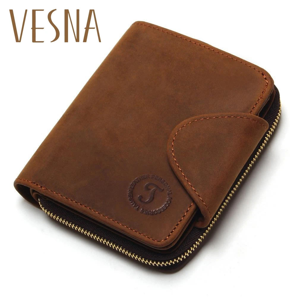 

Grazy Horse Zipper Around Wallet Men Leather Genuine Men's Vintage Cowhide Leather Big Capacity Short Purse With Zipper Pocket