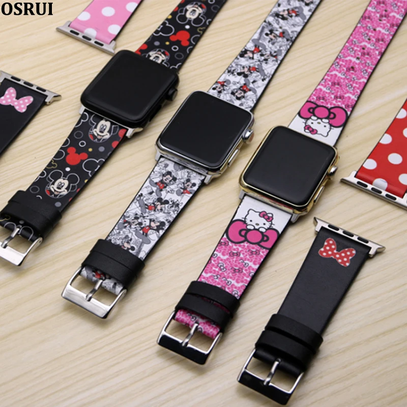

Genuine Leather strap for apple watch band correa 44mm 40mm 42mm 38mm iwatch band series 4 3 2 1 Mickey Mouse Cartoon Bracelet