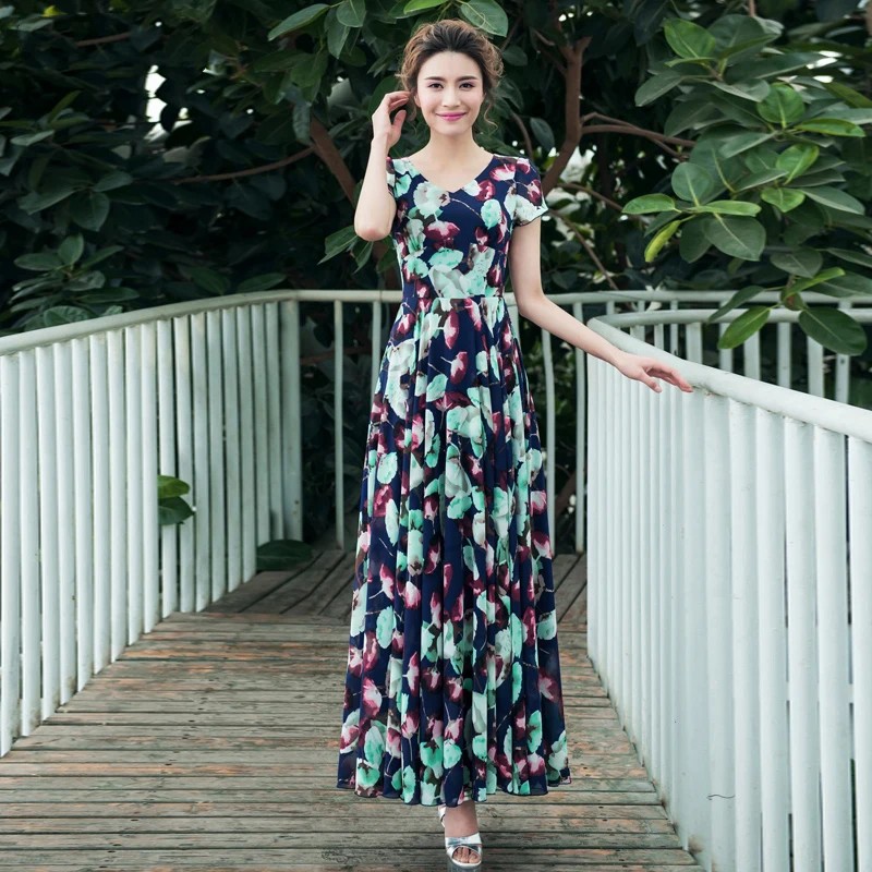 vestido de festa mulher Summer Dress 2018 Fashion Womens Clothing Chiffon Dress Women Flowers Printing V-Neck Long Dress Female