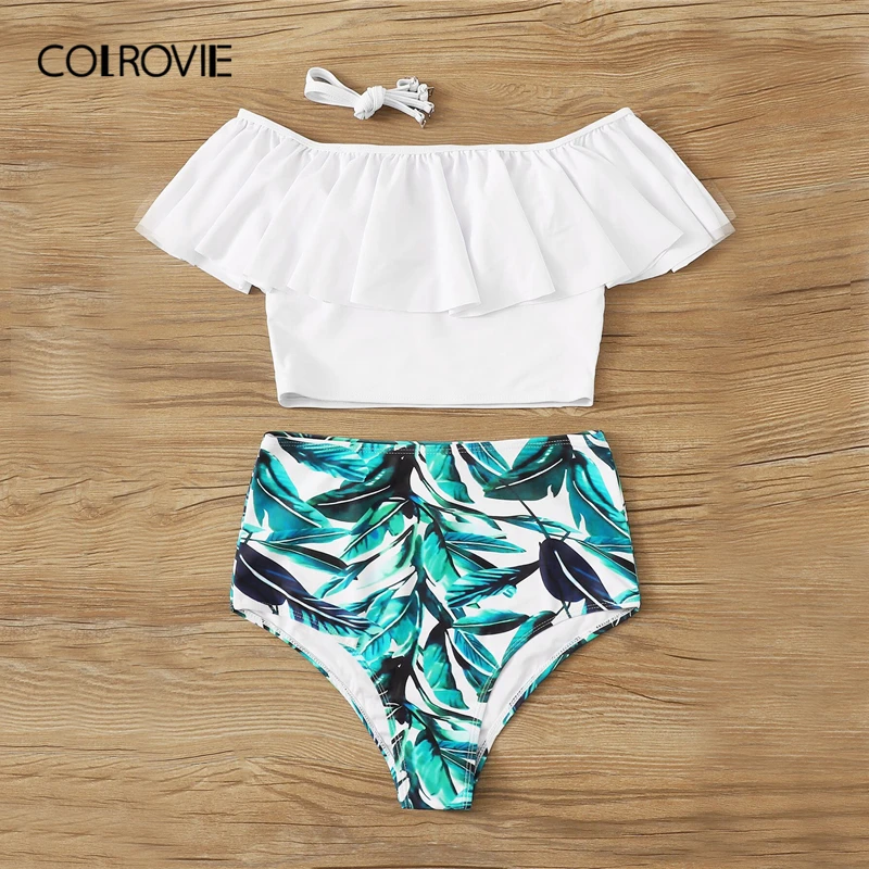 COLROVIE Off the Shoulder Flounce Bardot Top and Random Leaf Print Swimwear Women Bikini Set Swimsuit Boho Bathing Suit