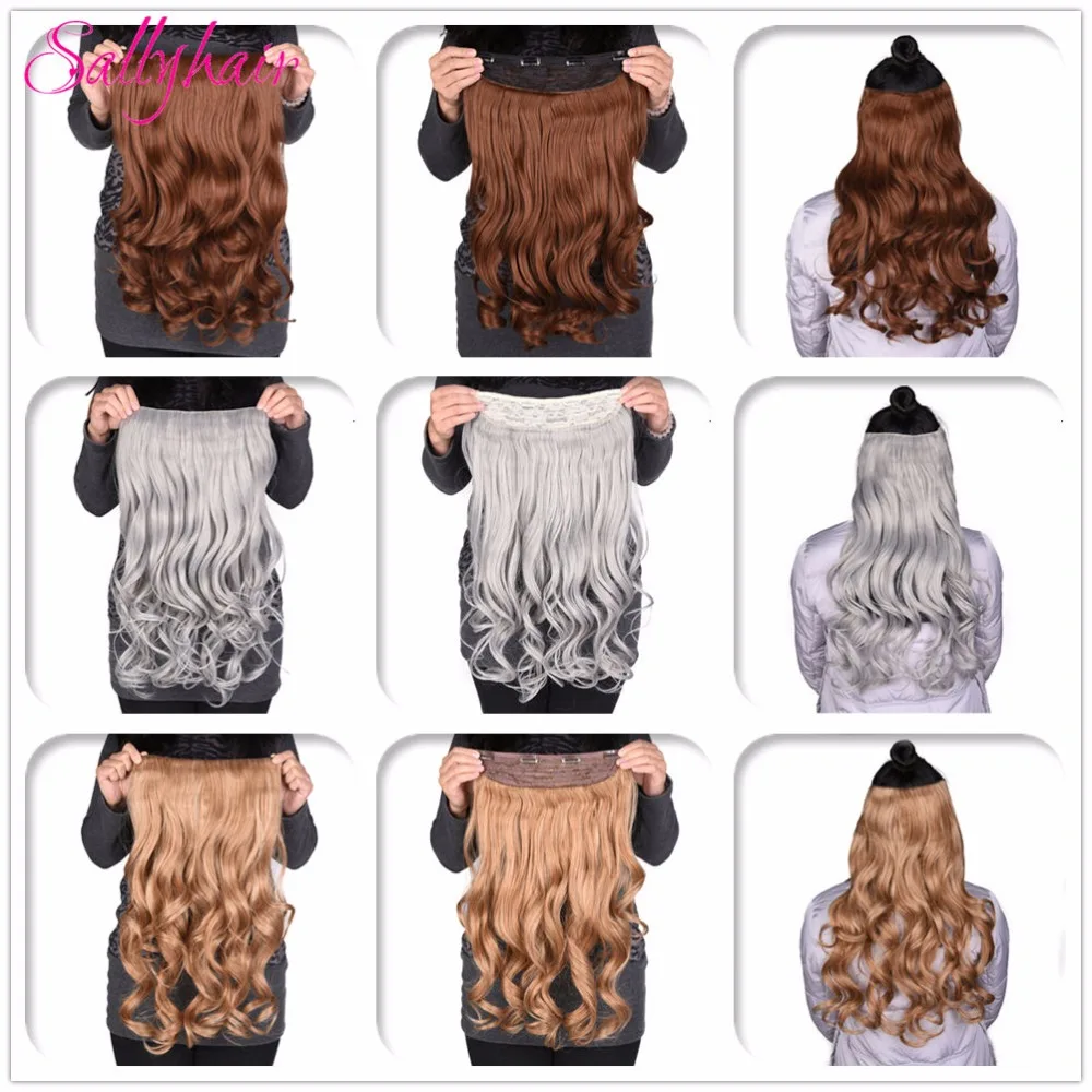 Sallyhair 190g 24inch Clip in One Hairpiece Synthetic Hair Extensions 4 Clips in Long Wavy Hair Piece 18 colors Available Grey