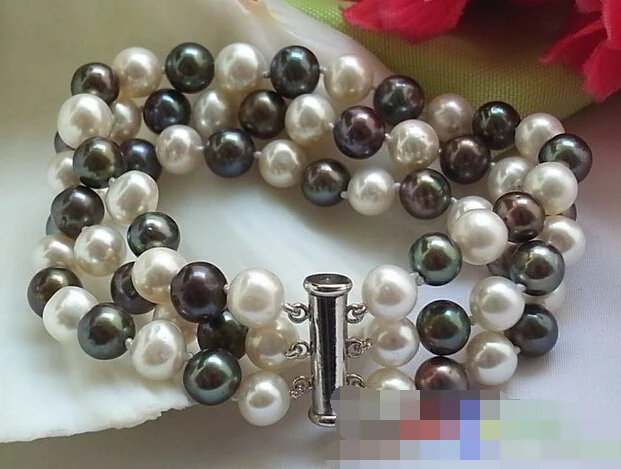 

01379 3ROW 8" WHITE BLACK ROUND FW PEARL BRACELET MAGNET