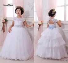 Flower Girl Dresses White Ivory First Communion Dress For Little Girl O Neck Tiered Ball Gown Kids Pageant Dress Custom Size Flower Girl Dresses White Ivory First Communion Dress For Little Girl O Neck Tiered Ball Gown Kids Pageant Dress Custom Size