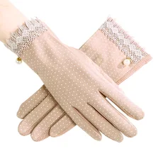 УФ Защита от солнца, хлопковые перчатки, Женские Короткие наручные перчатки с узором в горошек, черные, серые, розовые летние перчатки с сенсорным экраном, Нескользящие хлопковые кружевные перчатки