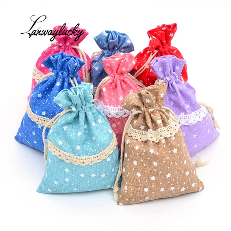 

10x14cm Drawstring Gifts Bags Wedding Christmas Party Favors Packing Jewelry Pouches Lace Cotton Calico Bag Pouch Random Color