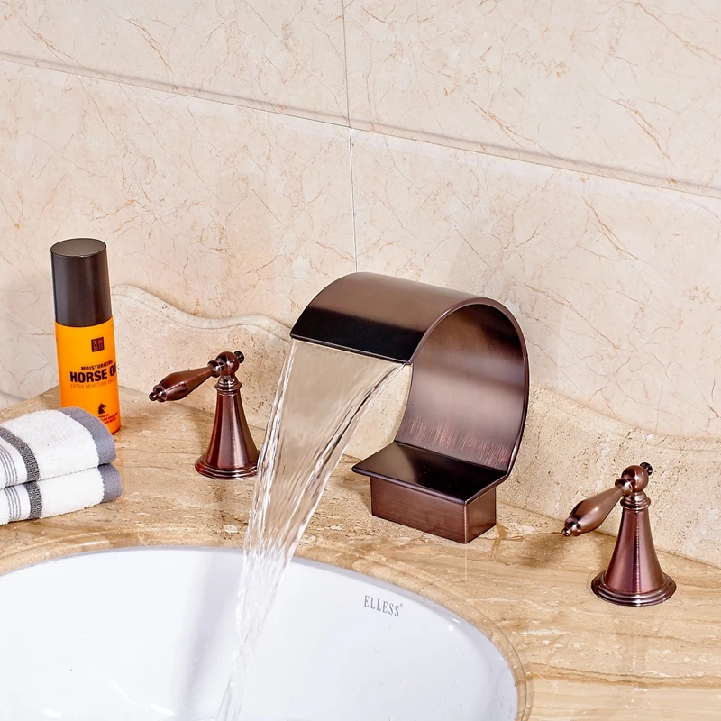 

Newly Fashion Widespread Waterfall Tall Oil Rubbed Bronze Red Sink Mixer Tap Dual Handles Faucet Deck-Mounted